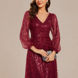 ever RAYVEN|Robe de soirée trapèze à paillettes col en V manches longues et paillettes