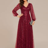 ever RAYVEN|Robe de soirée trapèze à paillettes col en V manches longues et paillettes