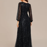ever RAYVEN|Robe de soirée trapèze à paillettes col en V manches longues et paillettes