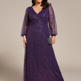 ever RAYVEN|Robe de soirée trapèze à paillettes col en V manches longues et paillettes
