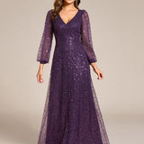 ever RAYVEN|Robe de soirée trapèze à paillettes col en V manches longues et paillettes