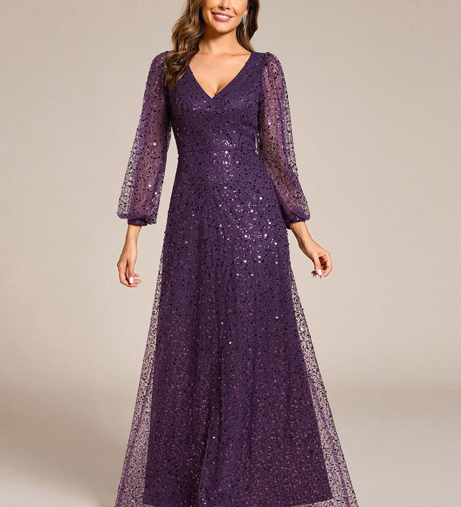 ever RAYVEN|Robe de soirée trapèze à paillettes col en V manches longues et paillettes