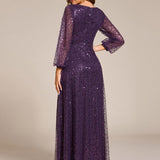 ever RAYVEN|Robe de soirée trapèze à paillettes col en V manches longues et paillettes