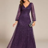 ever RAYVEN|Robe de soirée trapèze à paillettes col en V manches longues et paillettes