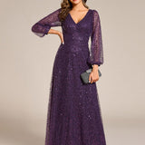 ever RAYVEN|Robe de soirée trapèze à paillettes col en V manches longues et paillettes