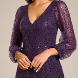ever RAYVEN|Robe de soirée trapèze à paillettes col en V manches longues et paillettes