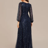 ever RAYVEN|Robe de soirée trapèze à paillettes col en V manches longues et paillettes