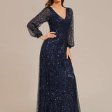 ever RAYVEN|Robe de soirée trapèze à paillettes col en V manches longues et paillettes