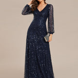 ever RAYVEN|Robe de soirée trapèze à paillettes col en V manches longues et paillettes
