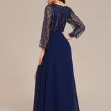 Robe de soirée trapèze en mousseline de soie transparente à paillettes manches longues fente haute