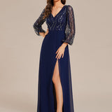 Robe de soirée trapèze en mousseline de soie transparente à paillettes manches longues fente haute