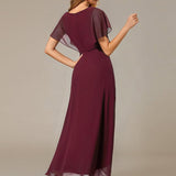 ever LILAS|Robe Formelle élégante à Manches Courtes Et Taille Trapèze Avec Ourlet En Feuille De Lotus