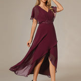 ever LILAS|Robe Formelle élégante à Manches Courtes Et Taille Trapèze Avec Ourlet En Feuille De Lotus