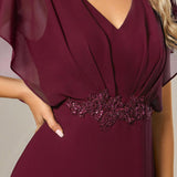 ever LILAS|Robe Formelle élégante à Manches Courtes Et Taille Trapèze Avec Ourlet En Feuille De Lotus