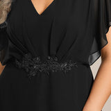 ever LILAS|Robe Formelle élégante à Manches Courtes Et Taille Trapèze Avec Ourlet En Feuille De Lotus