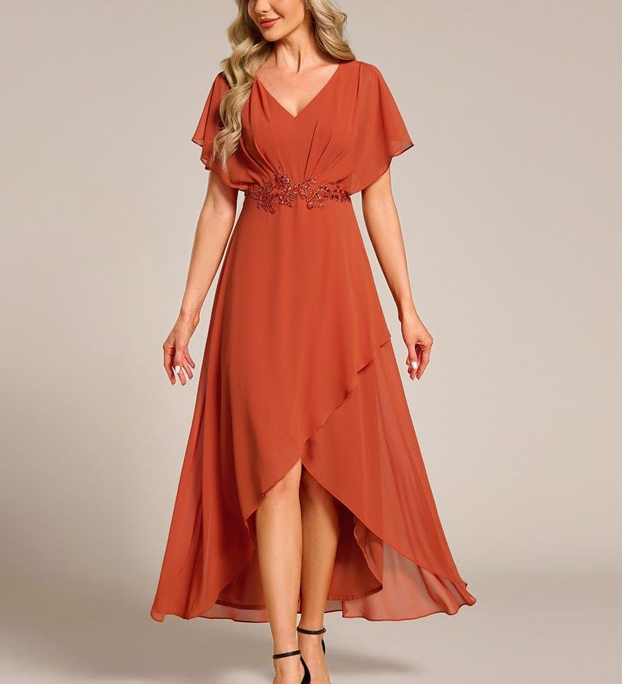 ever LILAS|Robe Formelle élégante à Manches Courtes Et Taille Trapèze Avec Ourlet En Feuille De Lotus