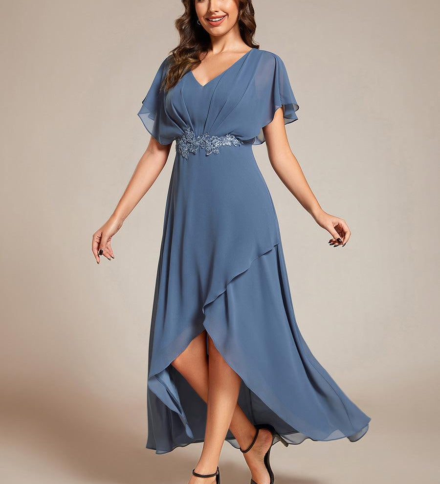 ever LILAS|Robe Formelle élégante à Manches Courtes Et Taille Trapèze Avec Ourlet En Feuille De Lotus