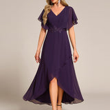 ever LILAS|Robe Formelle élégante à Manches Courtes Et Taille Trapèze Avec Ourlet En Feuille De Lotus