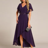 ever LILAS|Robe Formelle élégante à Manches Courtes Et Taille Trapèze Avec Ourlet En Feuille De Lotus