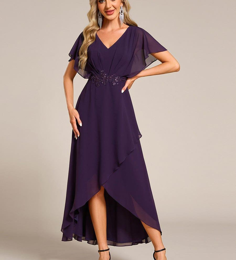 ever LILAS|Robe Formelle élégante à Manches Courtes Et Taille Trapèze Avec Ourlet En Feuille De Lotus
