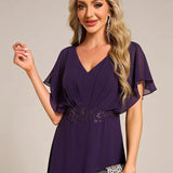 ever LILAS|Robe Formelle élégante à Manches Courtes Et Taille Trapèze Avec Ourlet En Feuille De Lotus