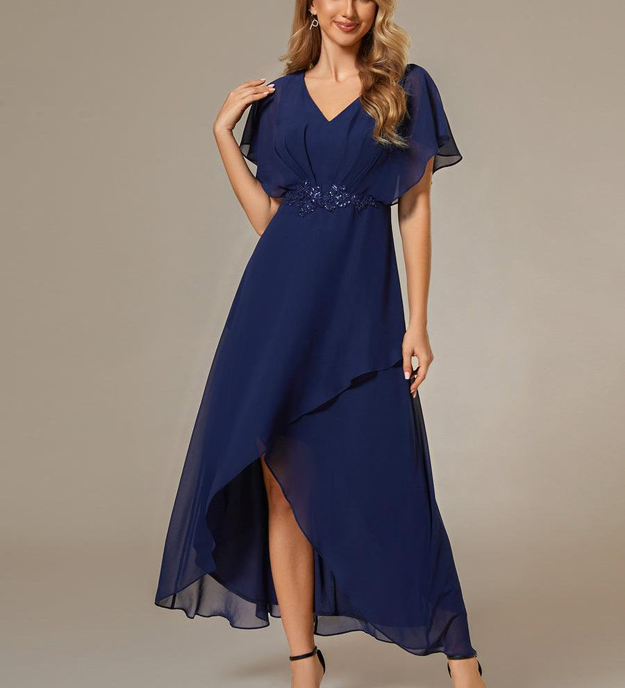 ever LILAS|Robe Formelle élégante à Manches Courtes Et Taille Trapèze Avec Ourlet En Feuille De Lotus