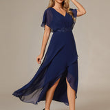 ever LILAS|Robe Formelle élégante à Manches Courtes Et Taille Trapèze Avec Ourlet En Feuille De Lotus