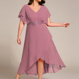 ever LILAS|Robe Formelle élégante à Manches Courtes Et Taille Trapèze Avec Ourlet En Feuille De Lotus