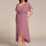 ever LILAS|Robe Formelle élégante à Manches Courtes Et Taille Trapèze Avec Ourlet En Feuille De Lotus