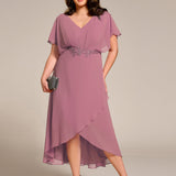 ever LILAS|Robe Formelle élégante à Manches Courtes Et Taille Trapèze Avec Ourlet En Feuille De Lotus