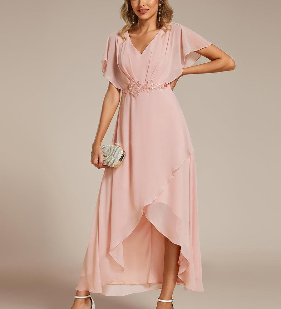ever LILAS|Robe Formelle élégante à Manches Courtes Et Taille Trapèze Avec Ourlet En Feuille De Lotus