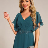 ever LILAS|Robe Formelle élégante à Manches Courtes Et Taille Trapèze Avec Ourlet En Feuille De Lotus