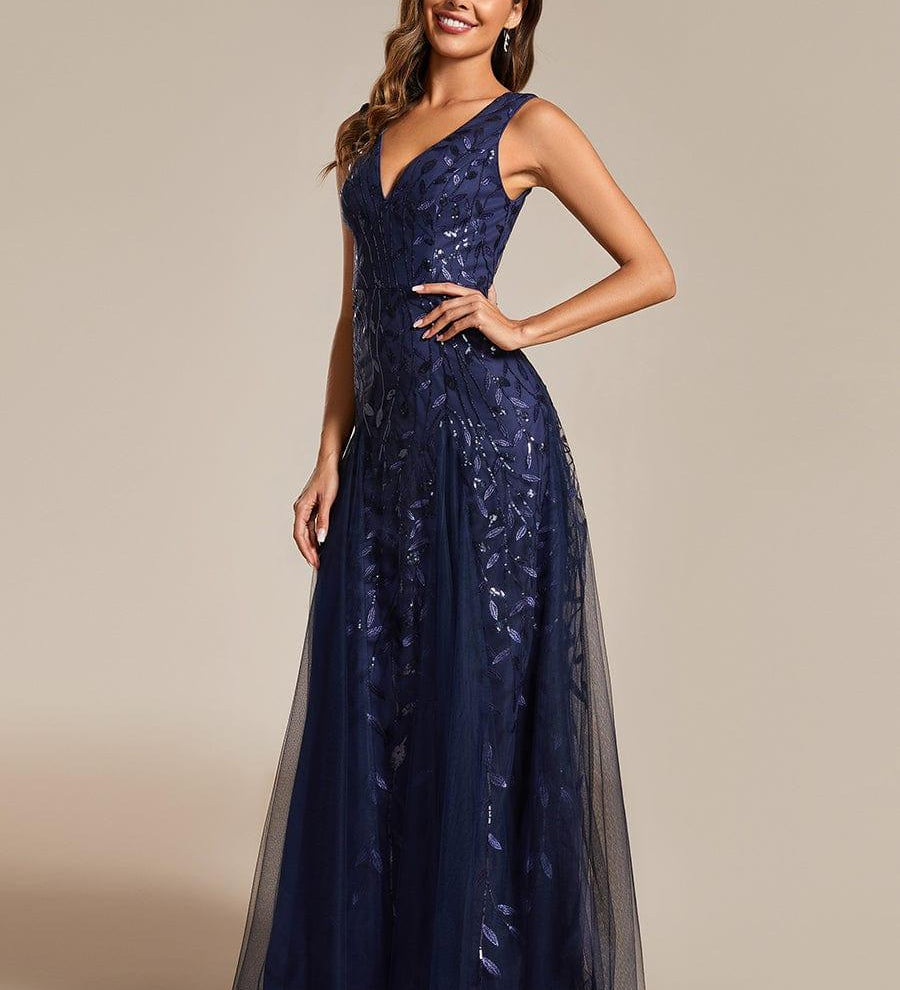 ever ZOEY|Robes de soirée trapèze pailletées sans manches à col en V