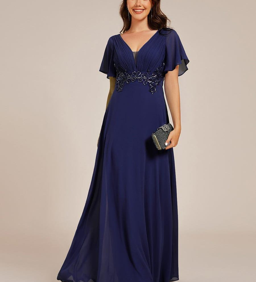 Robe de soirée longue plissée élégante à col en V profond
