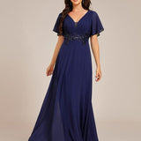 Robe de soirée longue plissée élégante à col en V profond