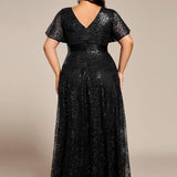 ever CORY|Robe longue de soirée à sequins et manches courtes à col en V Illusion