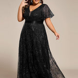 ever CORY|Robe longue de soirée à sequins et manches courtes à col en V Illusion