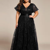 ever CORY|Robe longue de soirée à sequins et manches courtes à col en V Illusion