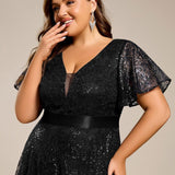 ever CORY|Robe longue de soirée à sequins et manches courtes à col en V Illusion
