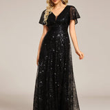 ever CORY|Robe longue de soirée à sequins et manches courtes à col en V Illusion