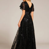 ever CORY|Robe longue de soirée à sequins et manches courtes à col en V Illusion