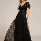 ever CORY|Robe longue de soirée à sequins et manches courtes à col en V Illusion