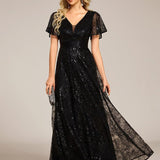 ever CORY|Robe longue de soirée à sequins et manches courtes à col en V Illusion