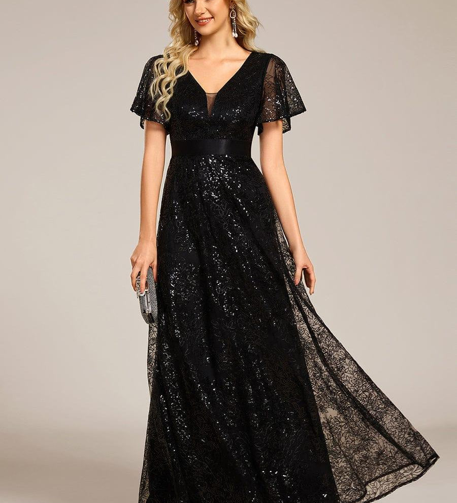 ever CORY|Robe longue de soirée à sequins et manches courtes à col en V Illusion