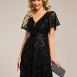 ever CORY|Robe longue de soirée à sequins et manches courtes à col en V Illusion