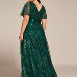 ever CORY|Robe longue de soirée à sequins et manches courtes à col en V Illusion
