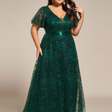 ever CORY|Robe longue de soirée à sequins et manches courtes à col en V Illusion