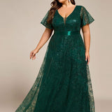 ever CORY|Robe longue de soirée à sequins et manches courtes à col en V Illusion