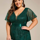 ever CORY|Robe longue de soirée à sequins et manches courtes à col en V Illusion