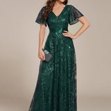 ever CORY|Robe longue de soirée à sequins et manches courtes à col en V Illusion